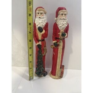 2 Vintage Santa Figurines Pencil Slim Holiday Christmas Decor 9.5 In Tall